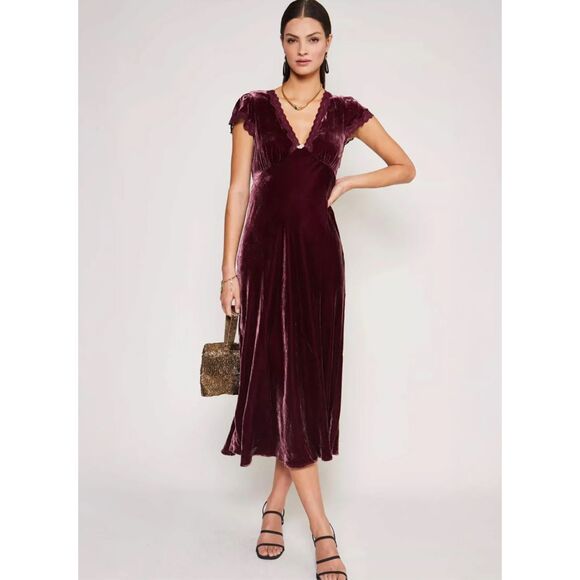 Rixo Clarice Velvet Midi Dress Short Sleeve Lace Coquette Burgundy US 6, S $389 - Picture 1 of 12